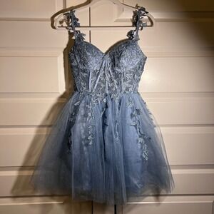 AO YAN Lace Tulle Corset Back Sparkle Dress in Blue, Women's Size XS